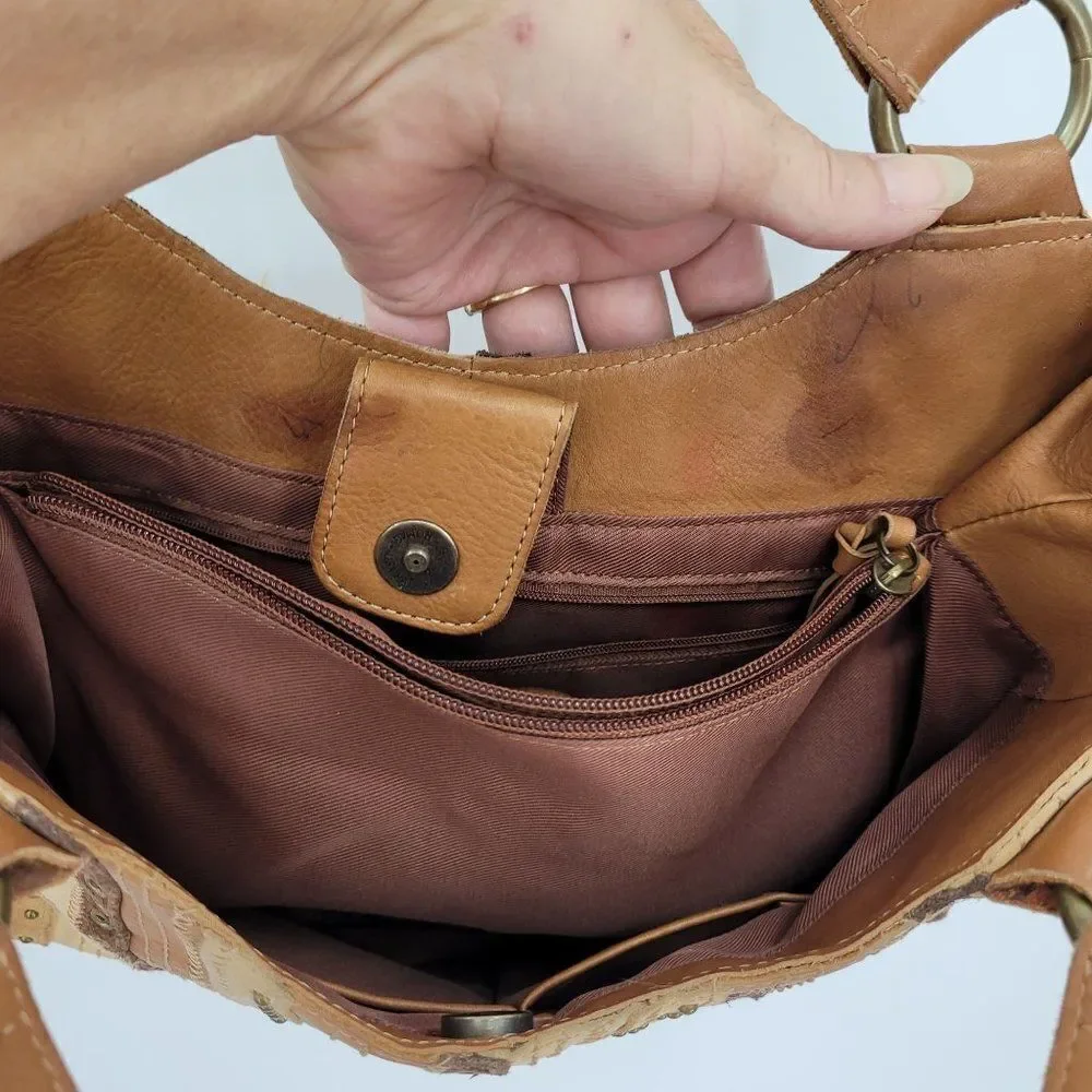 Vintage Fossil Hobo Leather Patchwork Studded‎ Embroidered Shoulder Bag Brown